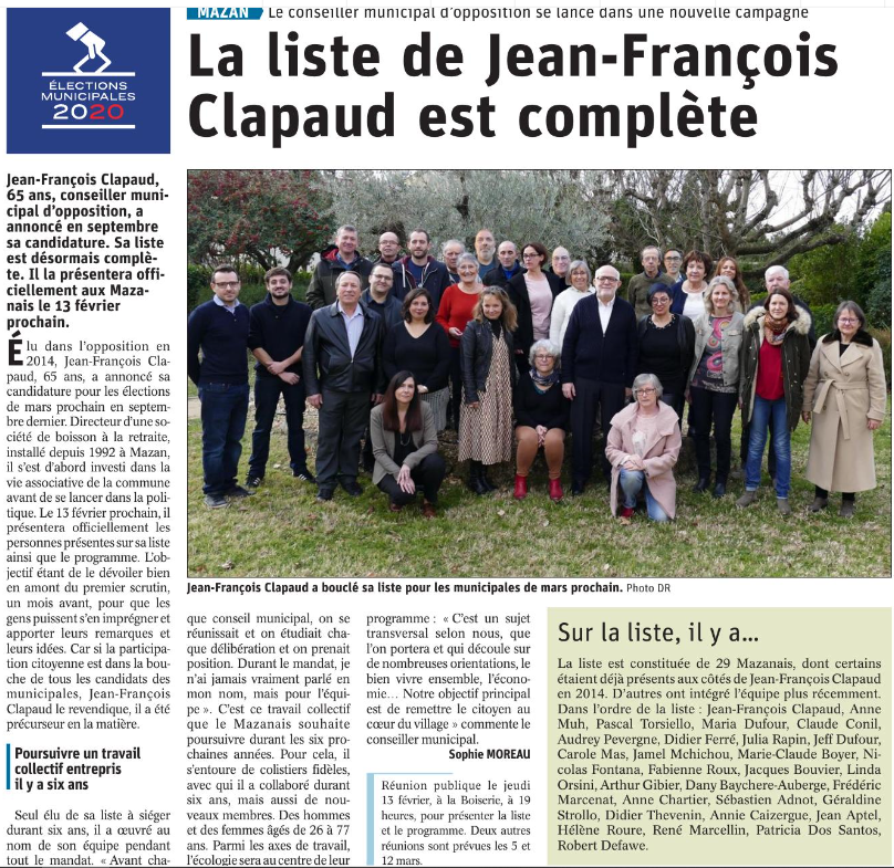 2020-02-01 VAUCLUSE La liste de Jean-François Clapaud est complète