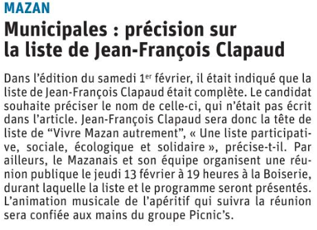 2020-02-08 VAUCLUSE Municipales précision sur le nom de la liste de J.Fr CLAPAUD